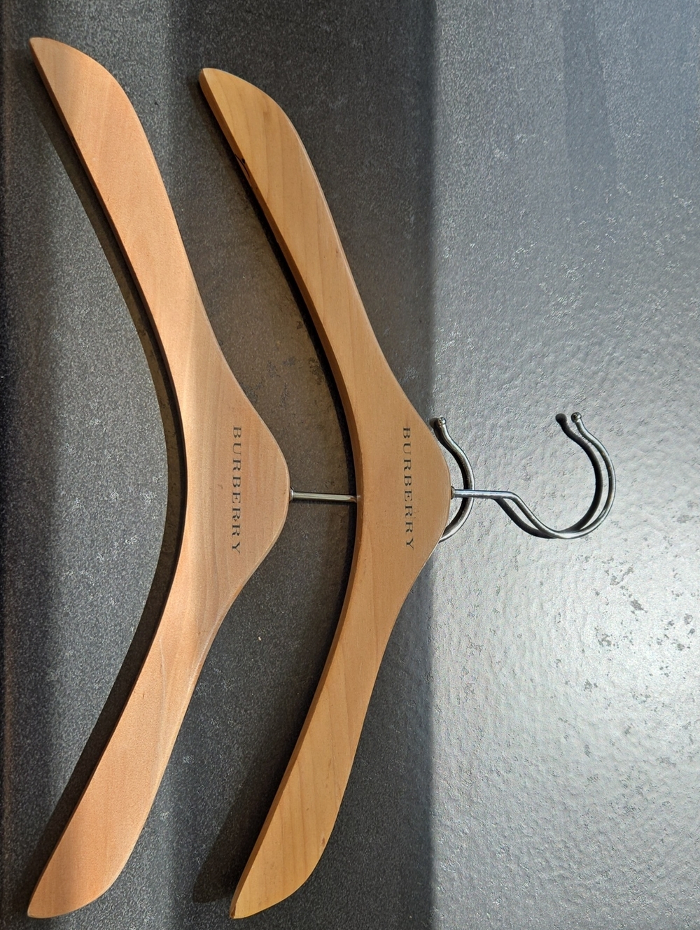 Burberry Wooden Hangers in Natural Brown with Silver Hooks. Children's Size